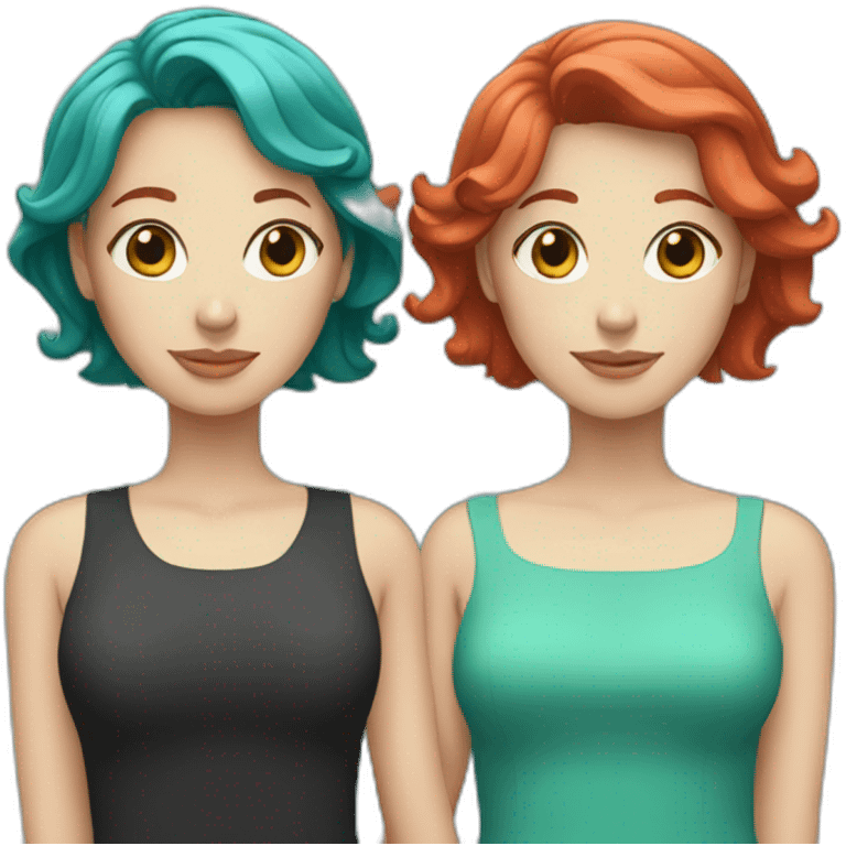 Two white women holding hands, one with medium length red hair, one with short teal hair emoji