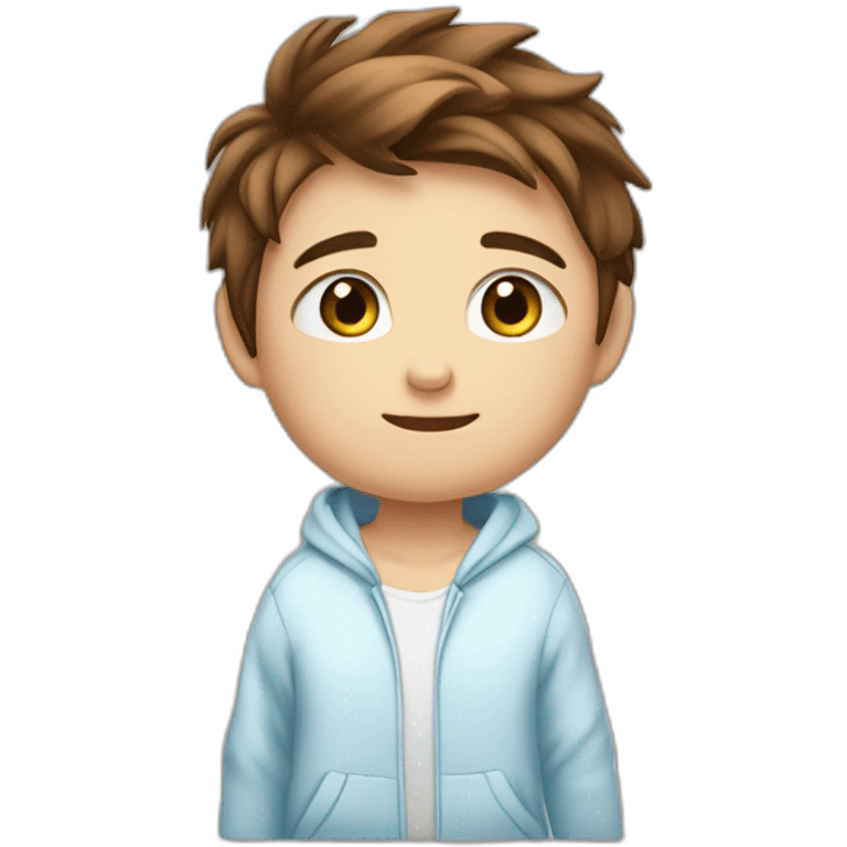 Little kid with a blue eyes and brown hair good one .. Little bit fat... White.. Blue pijama with a jacket emoji