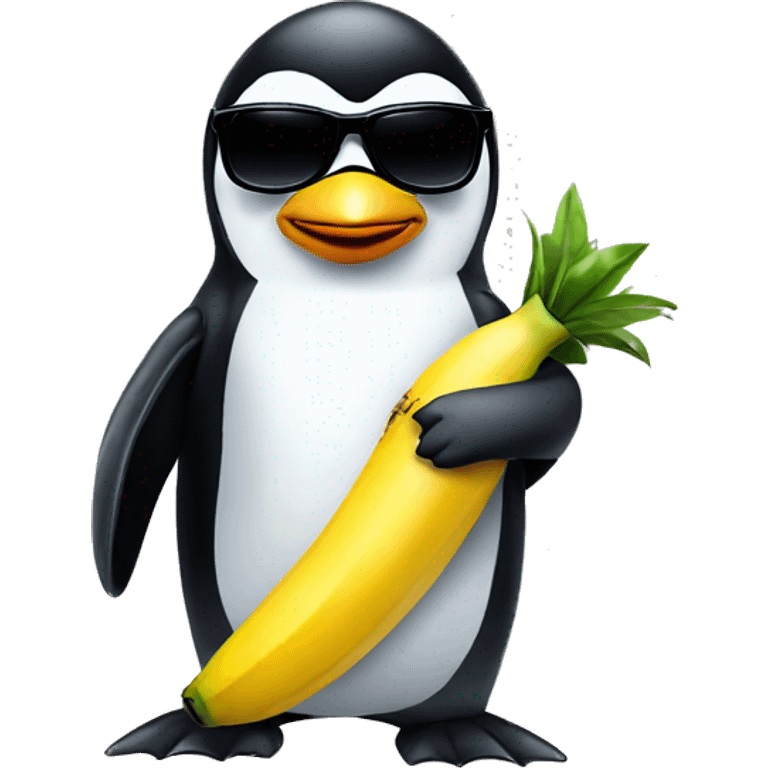 A penguin with Black sunglasses holding a banana like a pistol emoji