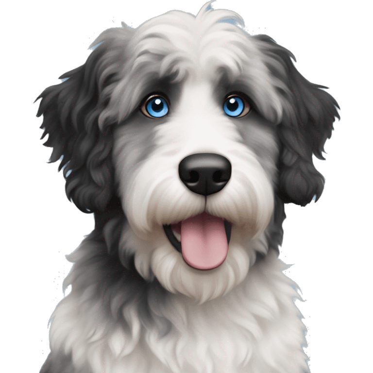 White, black, and grey aussiedoodle dog with blue eyes and black fur around the eyes emoji