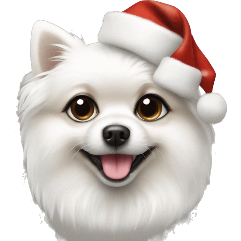 White dog pomeranian shpitz with black eyes wearing Christmas hat  emoji