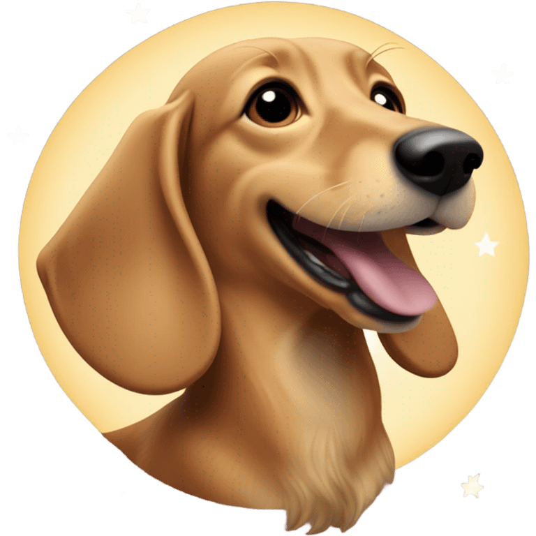 Blonde, long-haired, dachshund howling to a crescent moon emoji