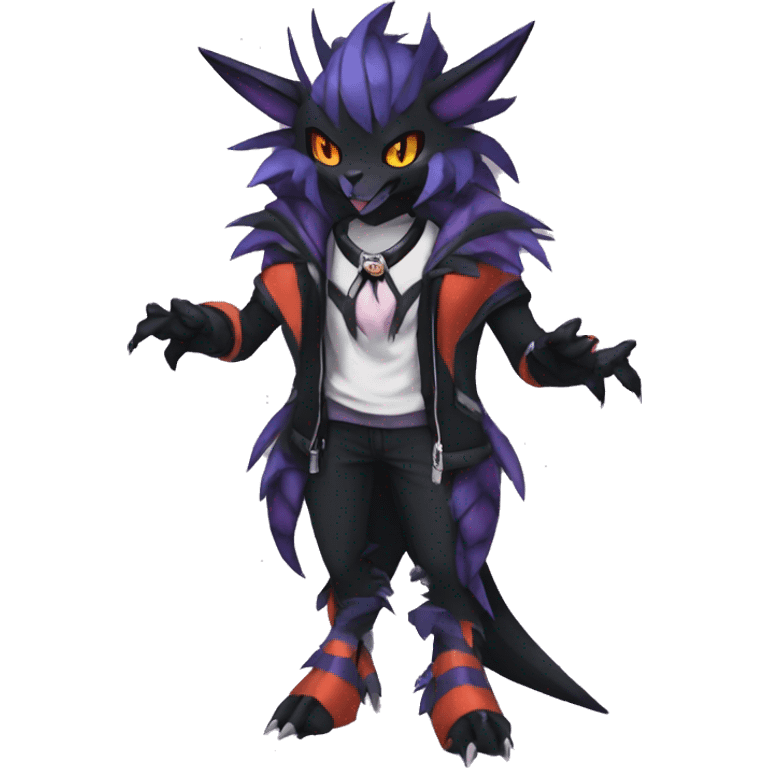 Cool Anthro Black Noivern-Absol-Litten-Pokémon with edgy stripes hoodie spiked collar punk Full Body emoji