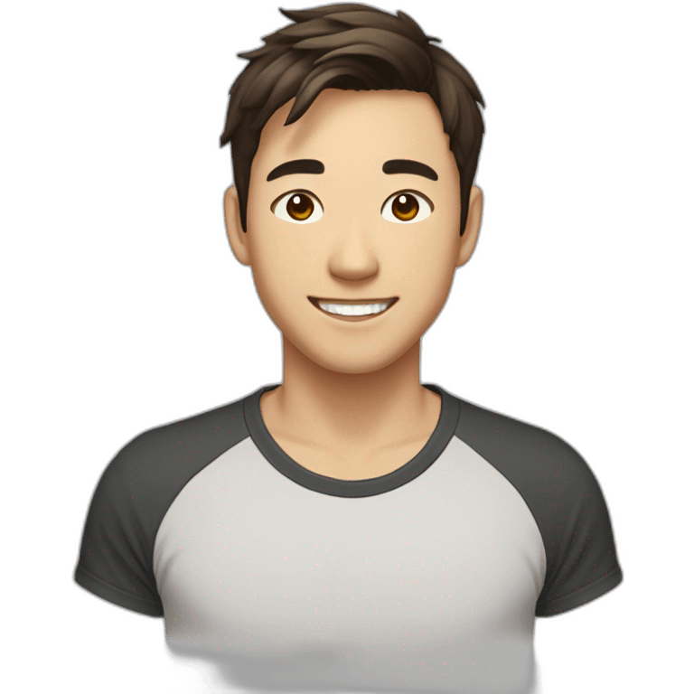 guy with brown hair, medium length hair, in his 20s, asian, smiling, t-shirt, shoulder emoji