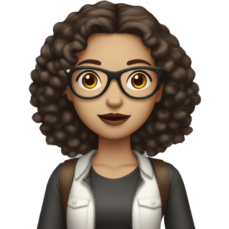 Medium colored skin girl, dark brown hair, curly hair, glasses, dark brown eyes, pale skin, red lips, long hair, holding starbusk emoji