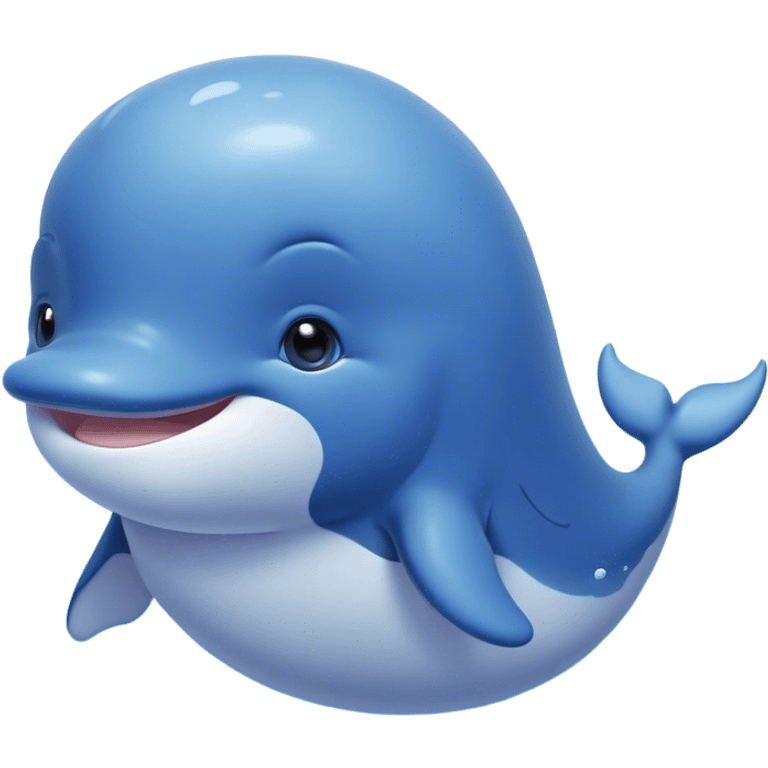 Cinematic happy baby whale, chubby rounded body, tiny smiling face, soft pastel blue hues, gentle glowing waves around, joyful and soothing. emoji