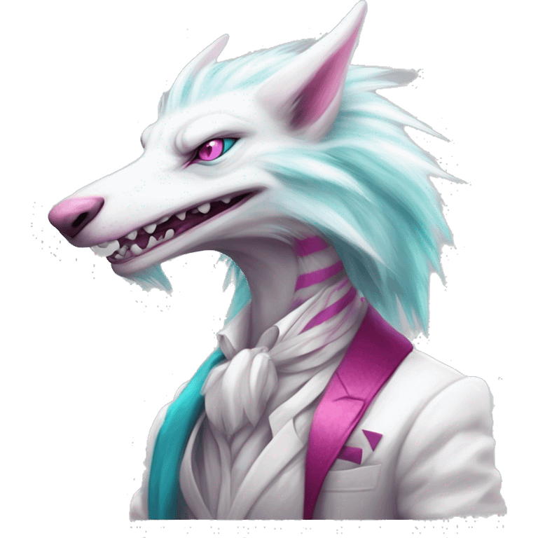 White badass elegant wild beautiful natural cute badass epic anthro modern albino sergal-vernid-creature with cyan mane and magenta eyes with cyan edgy stripes, full body emoji