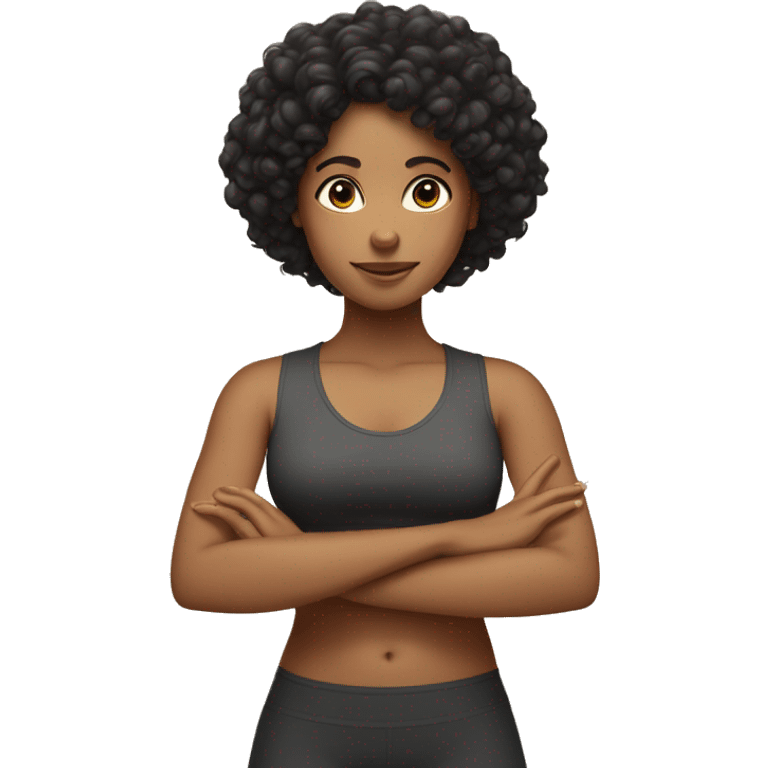 Tan girl curly black hair in Tadasana yoga arms crossed emoji