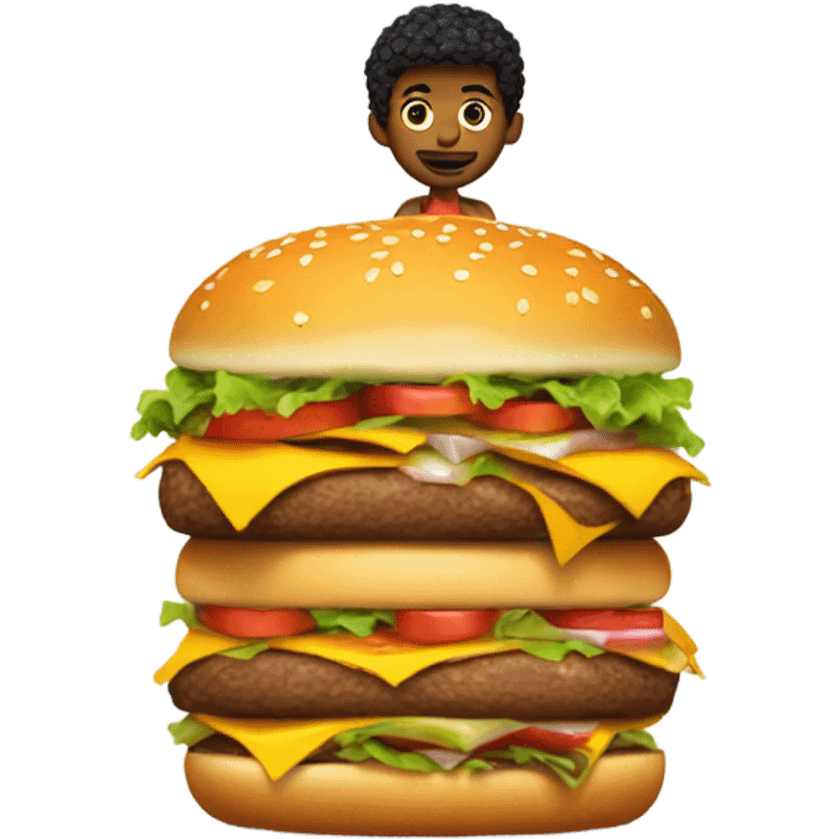 A tiny very skinny basketball player standing on a cheeseburger with burger with burgers around him emoji