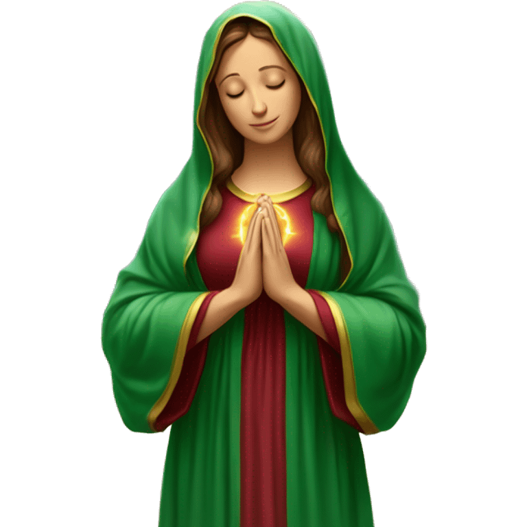 Virgin Mary: kind face looking down at the left, long brown hair, Wearing an emerald green  robe with gold stars and a burgundy red dress,  Hands in prayer or blessing. Halo around her head. standing in front of a big sun. colorful roses on the sides  emoji