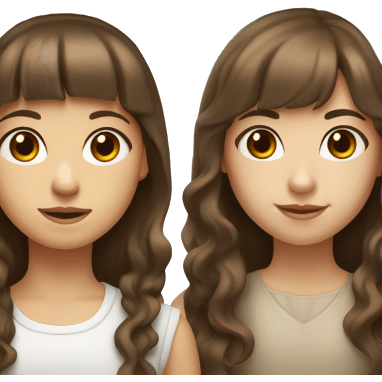 Two girls with white skin, shoulder-up. one has long wavy brown hair and the other has long straight brown hair with bangs. emoji