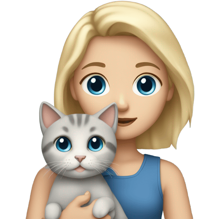 Short Blonde hair with blue eyes girl holding a gray cat  emoji