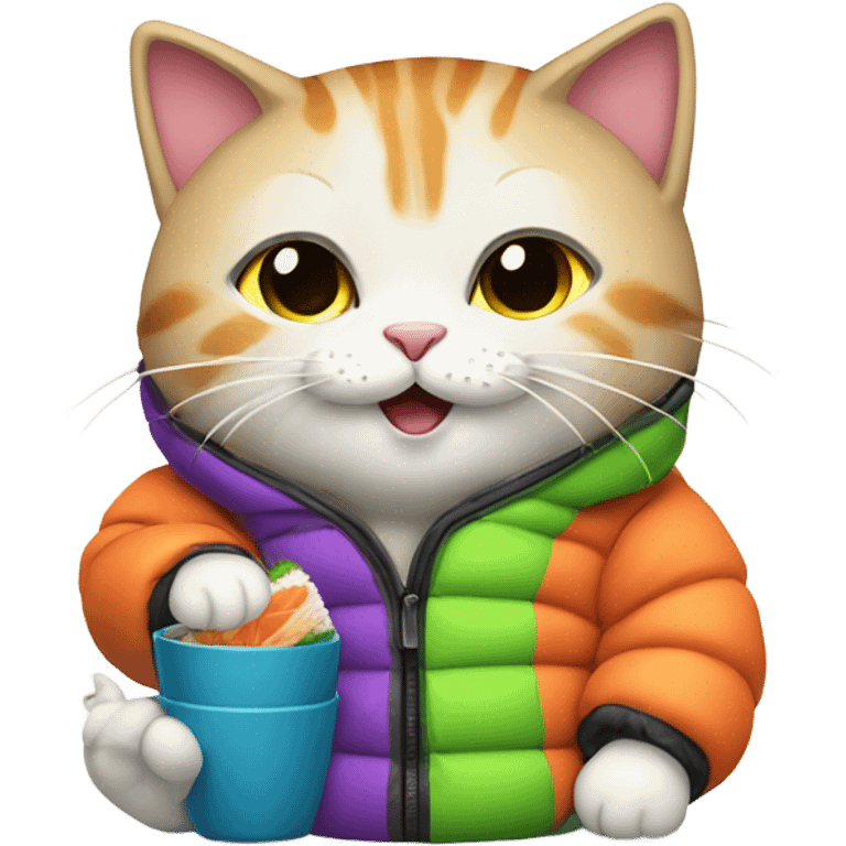 cat wearing a puffy jacket eating sushi emoji