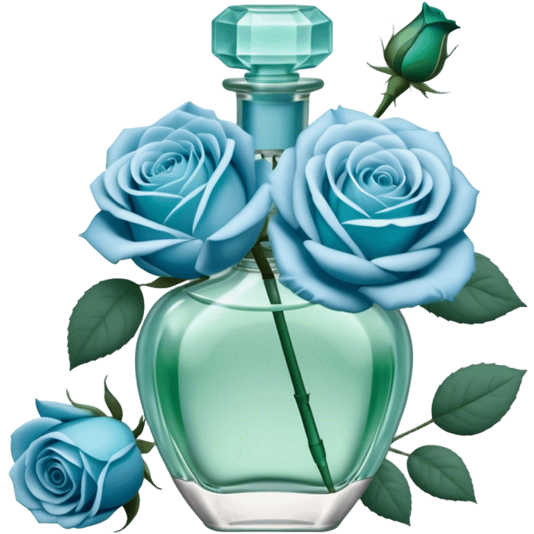 Aesthetic composition of soft blue roses with a vintage-style green  perfume bottle.
 emoji