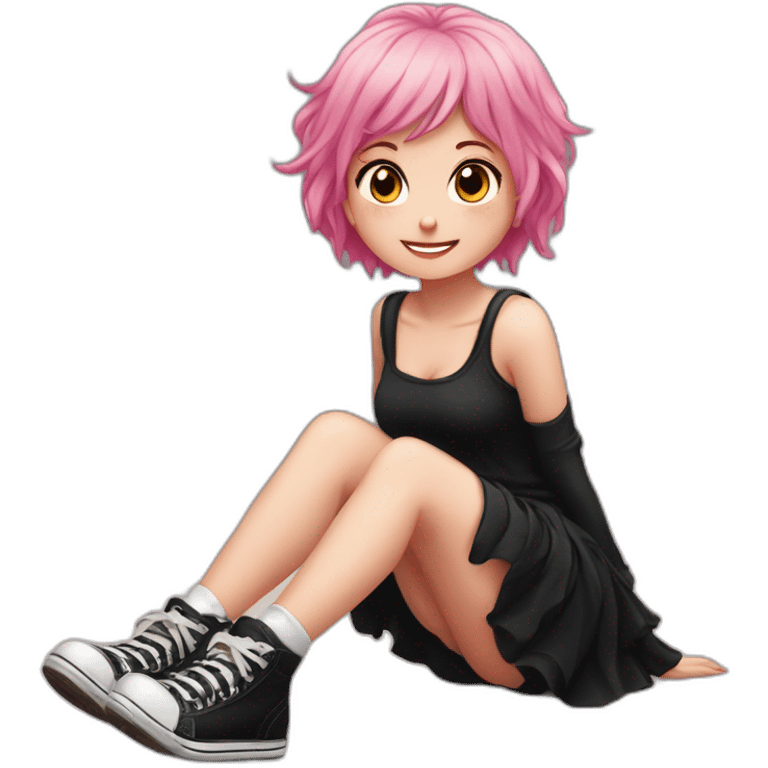 Full body Front view curvy emo girl pink hair sits on the floor straight view hands up black skirt полосатые рваные чулки emoji