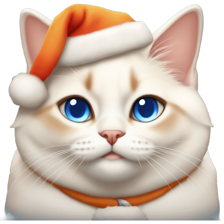 chubby fat, flame point Siamese, short fur, with white fur with orange accents, and blue eyes, smiling, wearing a red christmas hat  emoji