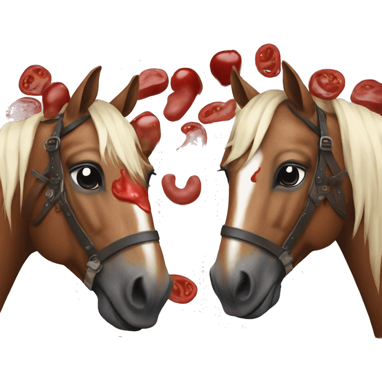 two medival horses with ketchup all over them = emoji