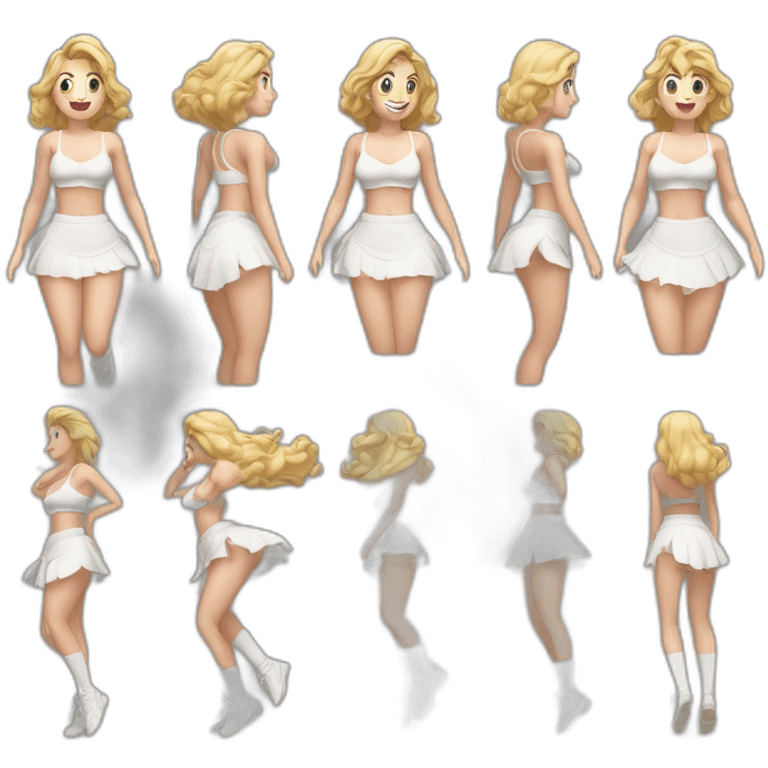 full-body-caucasian-curvy-beauty-jumping-short-black-skirt-back-and-front-views-strong-wind-white-knickers-long-white-socks emoji