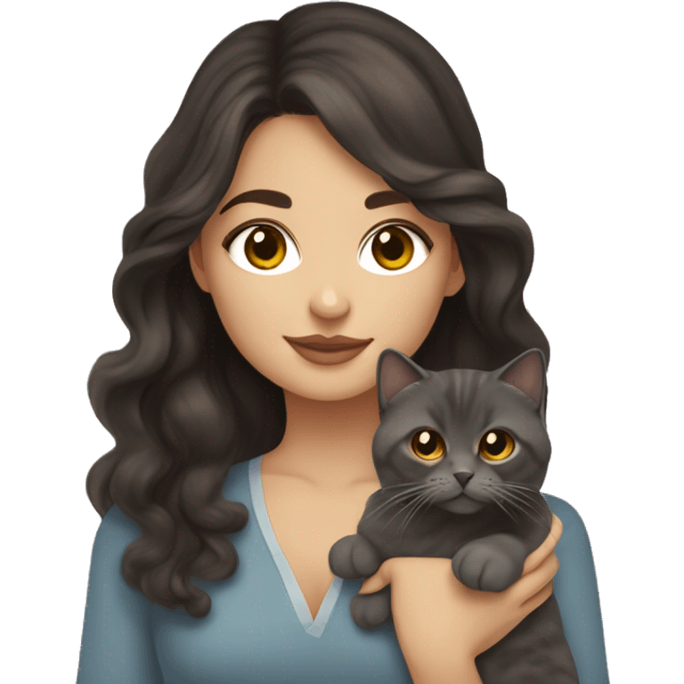 Pretty woman with long blown out dark brown hair and brown eyes holding a dark grey Scottish fold cat with big golden eyes emoji