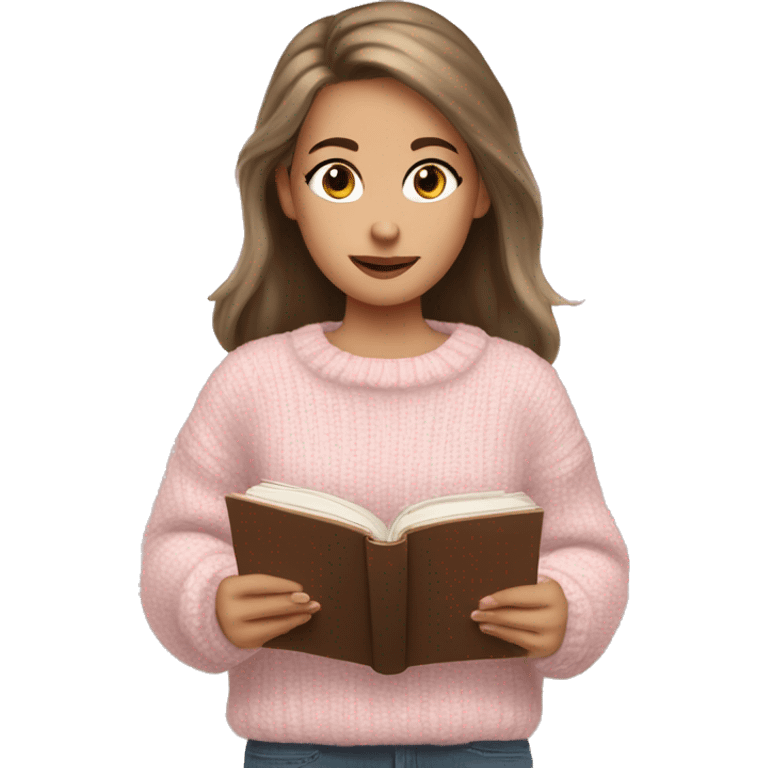 Pretty brown eyed white girl with light pink sweater reading cozy emoji