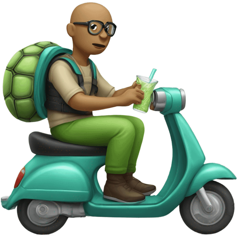 Bald turtle man drinking though a straw riding a scooter  emoji