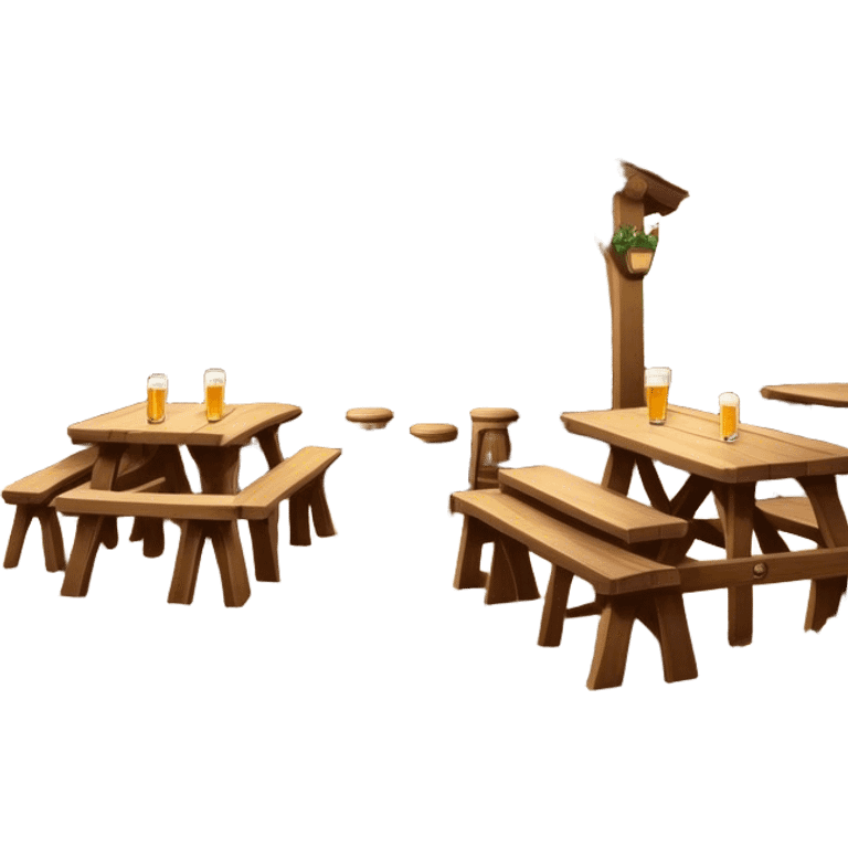 Cinematic Realistic Biergarten Pop Culture Emoji, showcasing a charming outdoor beer garden scene rendered with rustic details and inviting, soft lighting. emoji