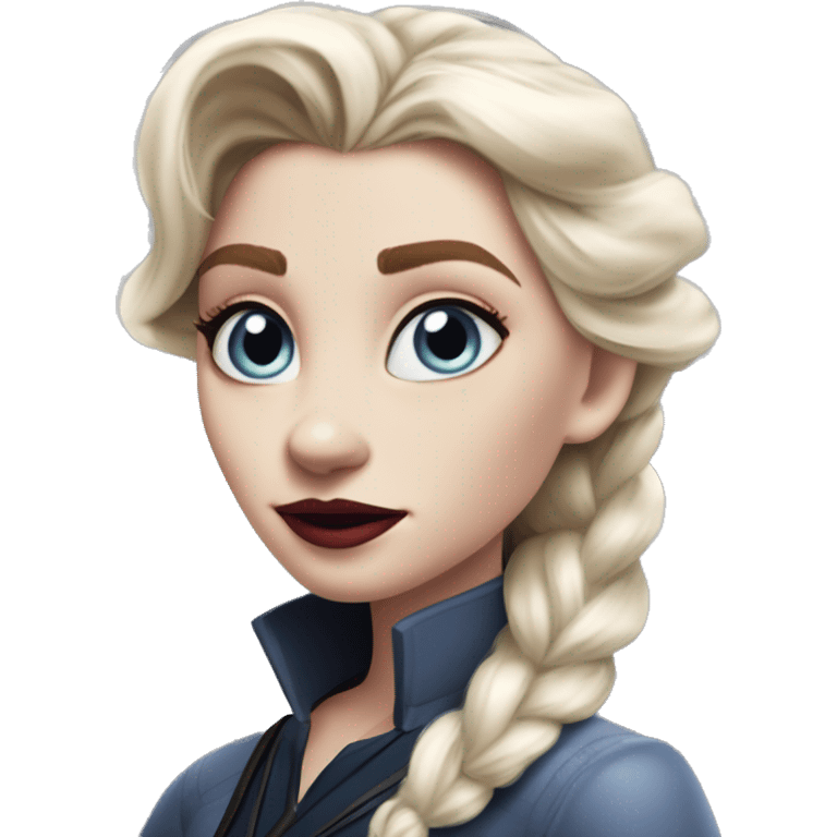 IKEA co-worker vampire Elsa in Marvel Avengers style, oil paint, mysterious eyes, intricate lips, masterpiece pose, odd perspective, beautiful, desirable, logical emoji