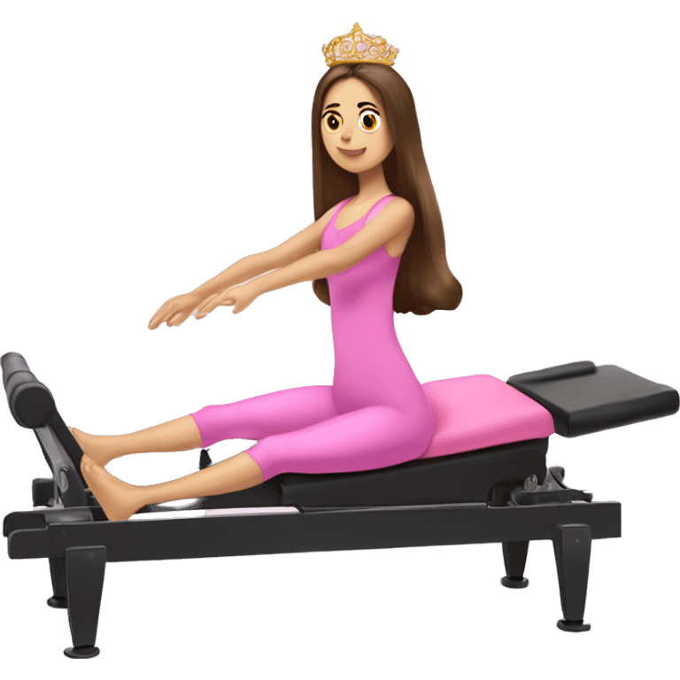 Long Brunette hair doing Pilates on reformer with pink tiara emoji