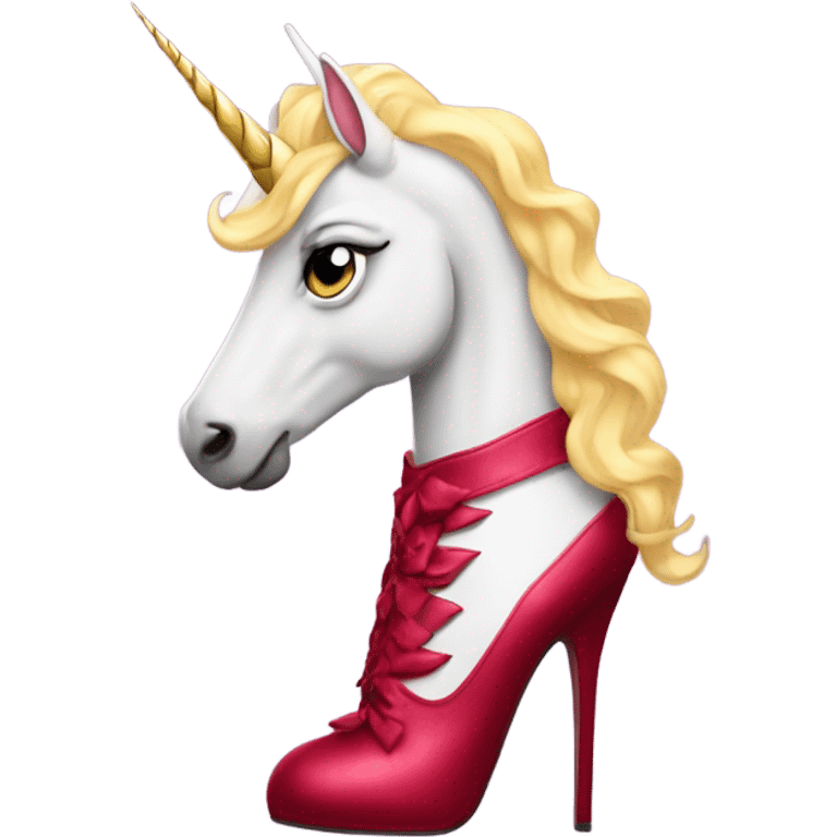 a drag queen unicorn giving a nasty side eye as he wears extremely tall ruby heels emoji