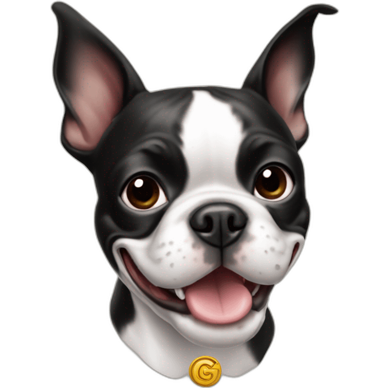 A happy Boston terrier with a GG logo emoji