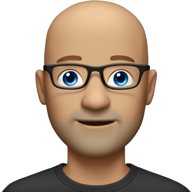 45 year old bald guy with blue eyes, black-framed eyeglasses, red whiskers emoji