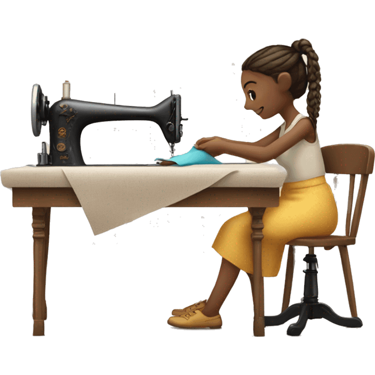 A girl sews at a sewing machine emoji