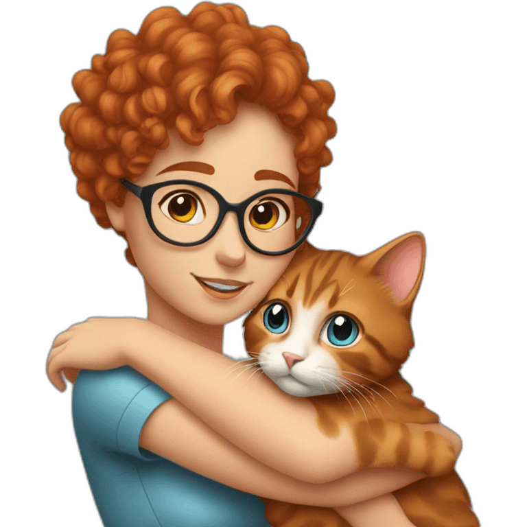 a pretty girl with curly copper hair and blue glasses hugging a cat emoji