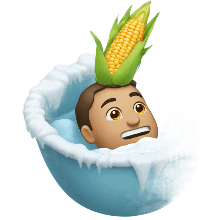 Man in ice bath with corn on his head emoji