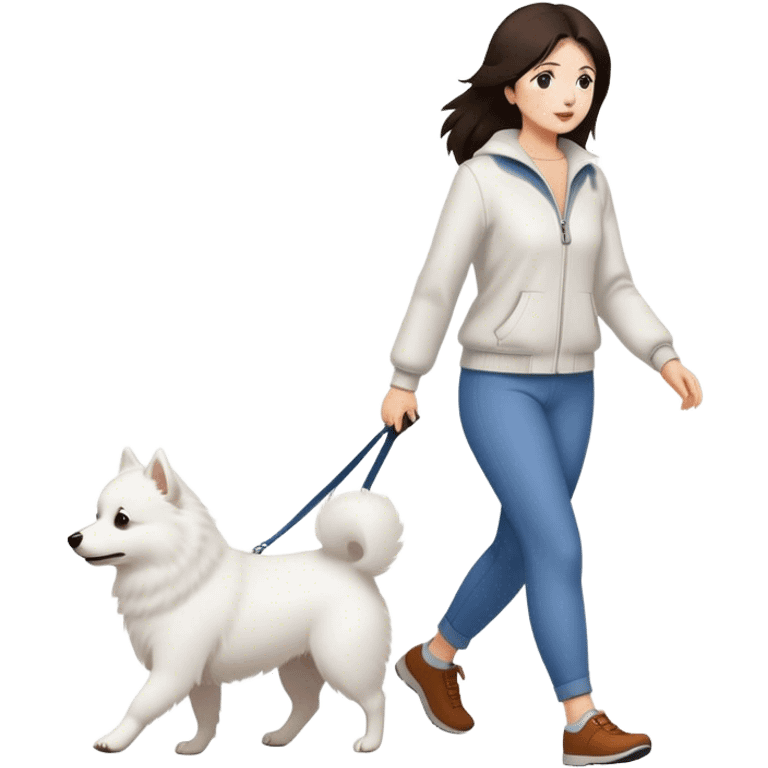 Brunette woman walking one Japanese Spitz dog emoji