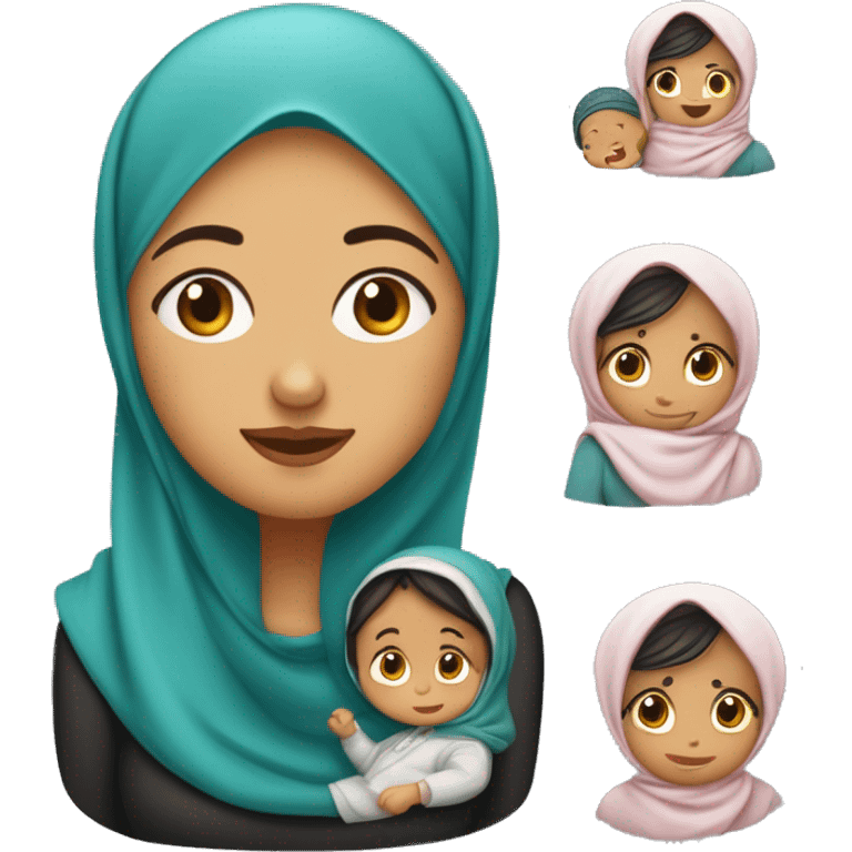 Una madre con hijab  con su hijo blanquito gordito y con el pelo cortisimo y rizado y su otro hijo bebé moreno de pelo con ricitos emoji