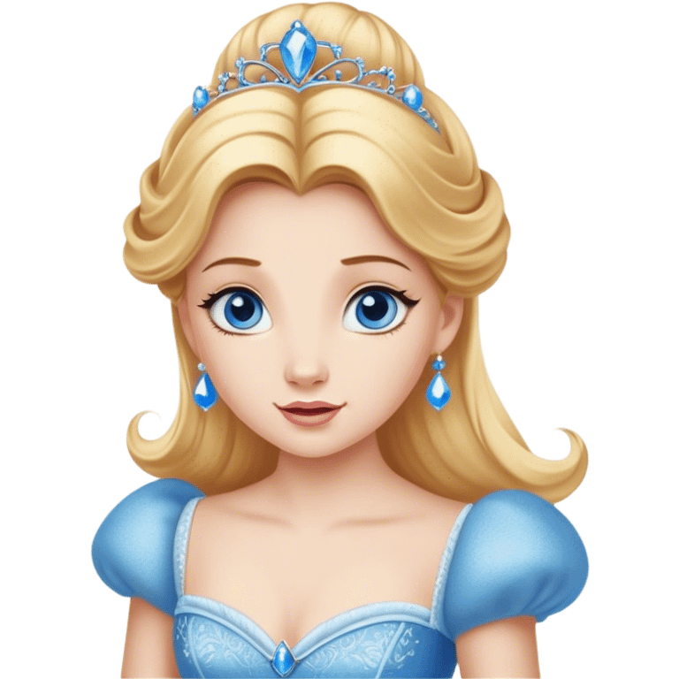 Cinematic Realistic Comical Cinderella Portrait, with every detail rendered realistically—from the soft, smooth texture of her fair skin to her artfully styled golden-blonde hair. Her bright blue eyes are wide with playful disbelief, and her expression carries a touch of whimsical humor while retaining elegant poise. Her classic ball gown, detailed with rich fabric textures and natural shadows, catches the light in a way that blends refined beauty with a hint of cheeky mischief, creating a striking, lifelike portrayal. emoji