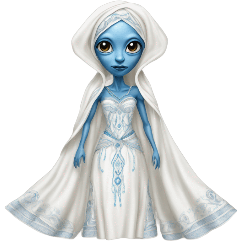 a blue alien woman full body in white Romanov dress emoji