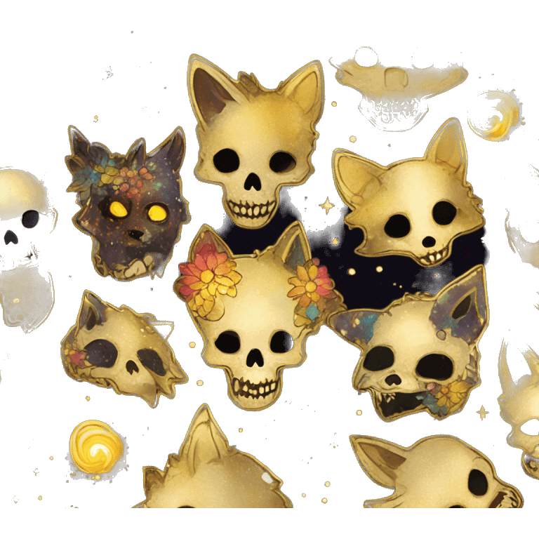 iridescent kintsugi fluffy zombie black brown gold dog fox head zombie skull skeleton gold mechanical nebula galaxy stars colorful flowers fairy lights vintage zombie emoji