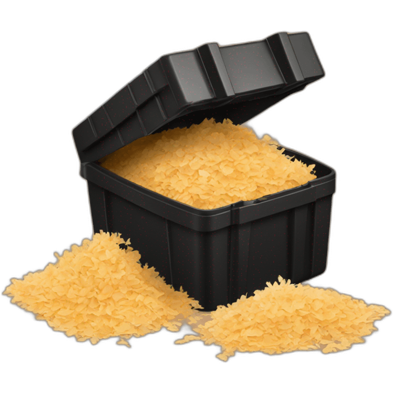 Black cubic plastic container with wood shavings inside emoji