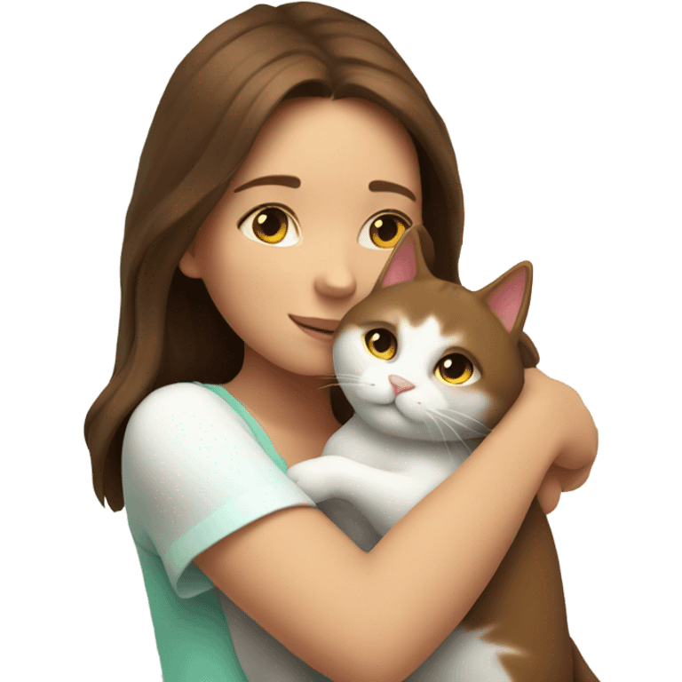 Girl with brown hair hug cat neon and white emoji