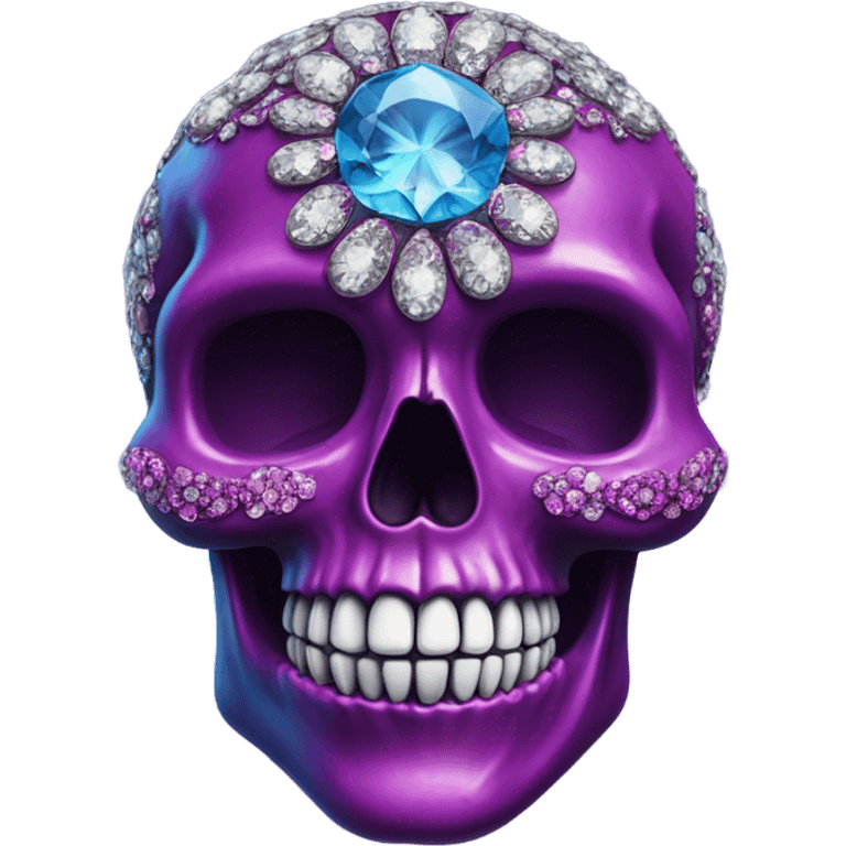 Realistic isolated metallic ornate dark purple,magenta,light blue,and hot pink filigree skull decorated with shiny diamonds and rhinestones.  emoji