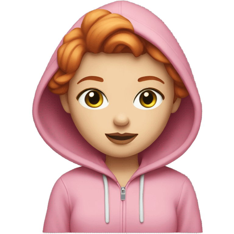 Red hair girl with short hair and white skin, green-gray eyes, pretty face, big lips in pink hoodie with macbook and white skin emoji