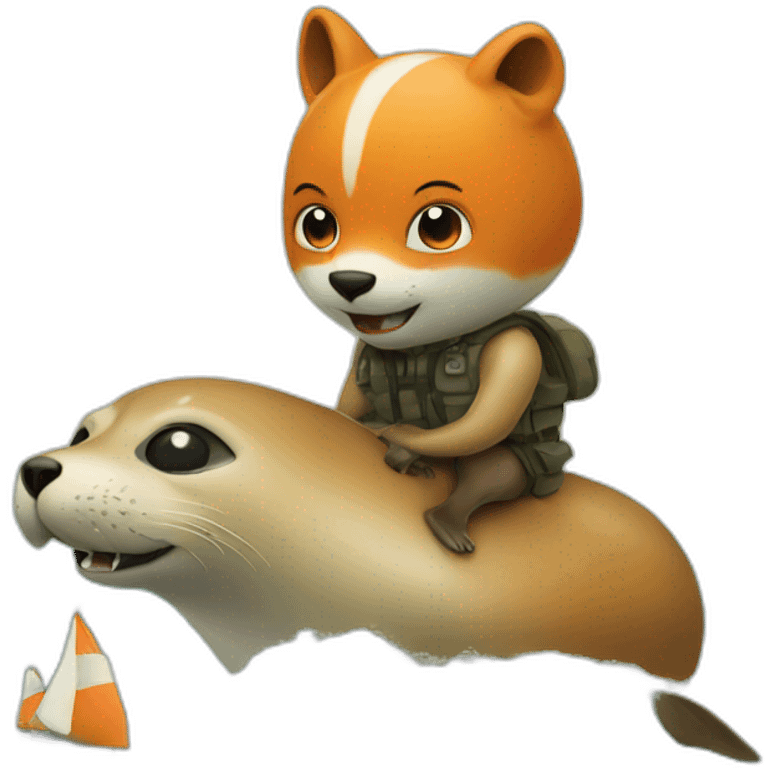 A seal rides on a fox emoji