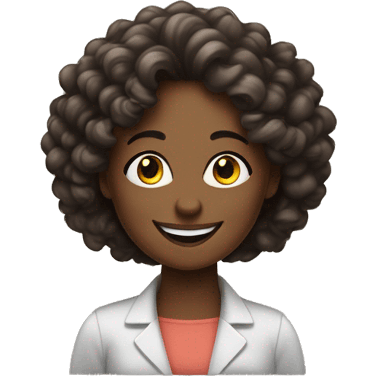 darker skin tone lady with curly hair who is very smart and happy ad has thumbs up and i behind comuter emoji