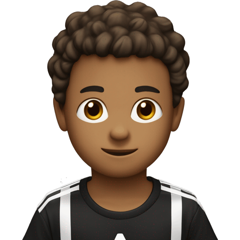 menino com  9 anos camiseta da adidas preta e branca cabelo marrom e fone de ouvido preto emoji