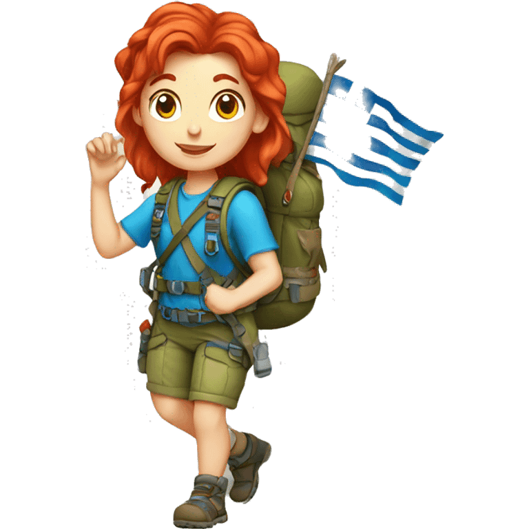 Female mountain climber red hair climbing with Greek flag on backpack and holding Easter eggs basket emoji