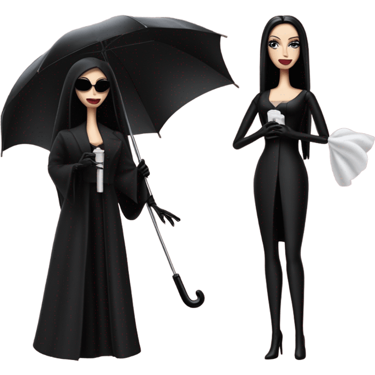 Funeral Barbie,teen Morticia Addams ,drying tears with handkerchief, show full body,accessories  gloves, funeral veil, holding umbrella  emoji