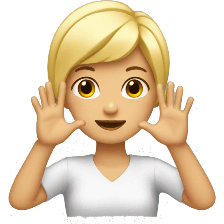 Girl with short blonde hair doing heart with her hands emoji