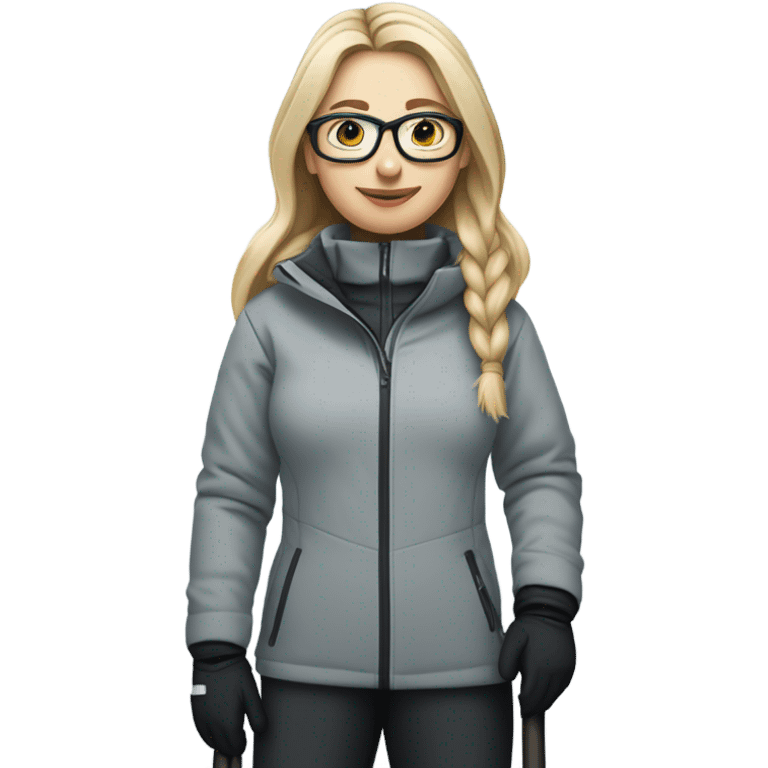 slightly chubby full female skier with long straight blonde hair, glasses, grey snow jacket, black pants and black skis. no poles. show full body front on without braids in hair. emoji